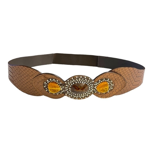 Chicos Brand Women’s Bronze Snake Brown Leather Belt Elastic Band Size Medium - Picture 1 of 15